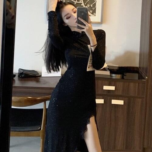 Chinese Style Dress Vintage Qipao Party Dress Vestido Black Lace Sexy Gothic Long Robe Cheongsam Traditional For Women 10347