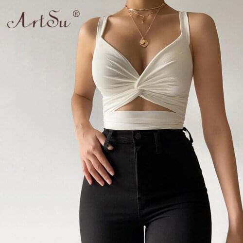 ArtSu Sexy Skinny V Neck Hollow Out Sleeveless Tees White Tank Tops Low Cut Cross Knot Women Summer Crop Top Club Streetwear
