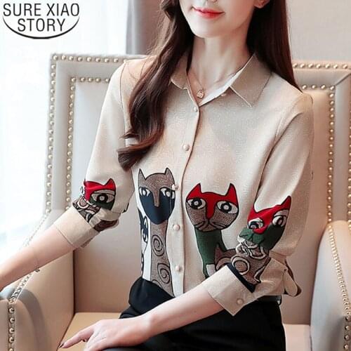 Sweet Print Chiffon Blouse Women Fashion 2021 New Long Sleeve Elegant Autumn Korean Women Tops and Blouses Ladies Shirts 8356
