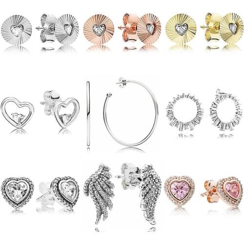Original Round Circle Majestic Feathers Love Heart Stud Earring 925 Sterling Silver Earrings For Women Gift Pandora Jewelry