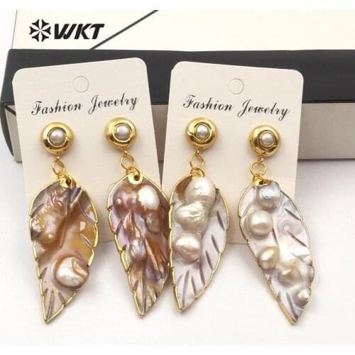 WT-E572 Natural Mother of Pearl Earrings Leaf Shape With Gold Trim Stud Earring Fashion Woman Earring Sea Shell Jewelry