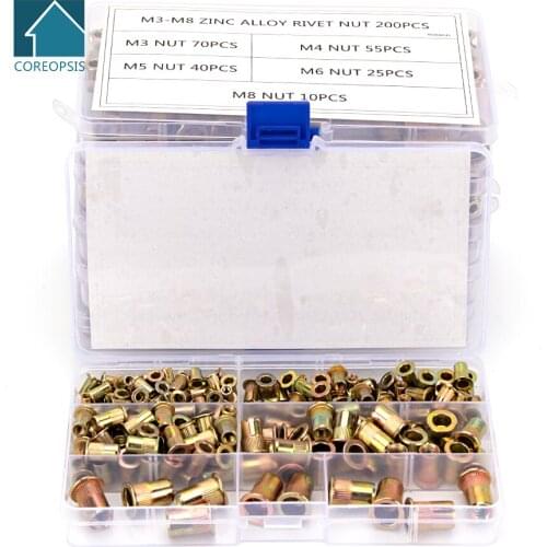110-200pcs Zinc Rivet Nuts M3 M4 M5 M6 M8 M10 Flat Head Knurled Screw Multi Sizes Zinc-Alloy Rivet-Nuts Assortment Kit S38