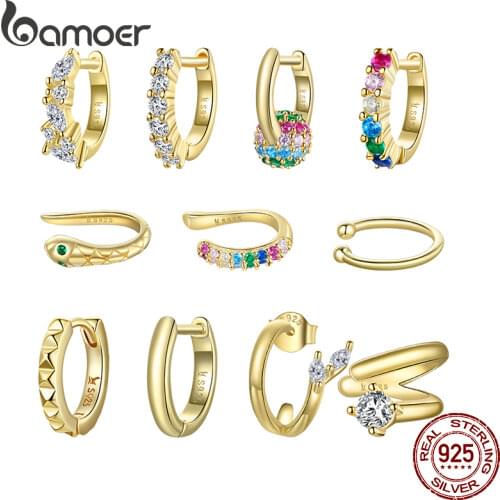 BAMOER 1 PC Single Hoop Earrings Cuff for Women Gold Color 925 Sterling Silver Jewelry Rainbow Color Brincos SCE1080
