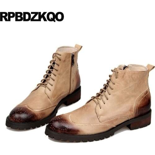 Wingtip Ankle High Top Brown Faux Fur Lace Up Booties Military Winter Chunky Army Retro Combat Boots Handmade Shoes Men Brogue