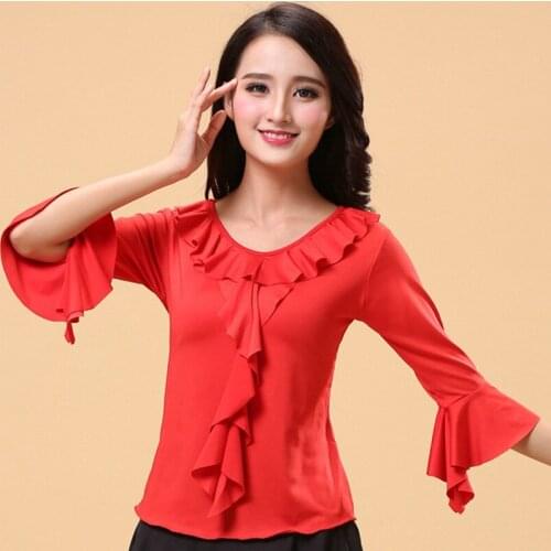 M / L / XL / 2XL /3XL/4XL/5XL/6XL Red Lace Arabian Clothing Top Salsa Standard Ballroom Dance Stage Latin Dance Shirt Women