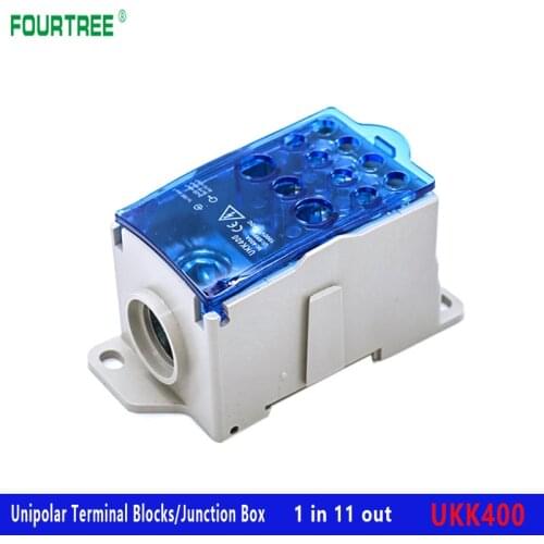UKK 400 Terminal Blocks Power Distribution Junction Box One In Several Out Universal Electric Wire Connector Din Rail 11 Way Out