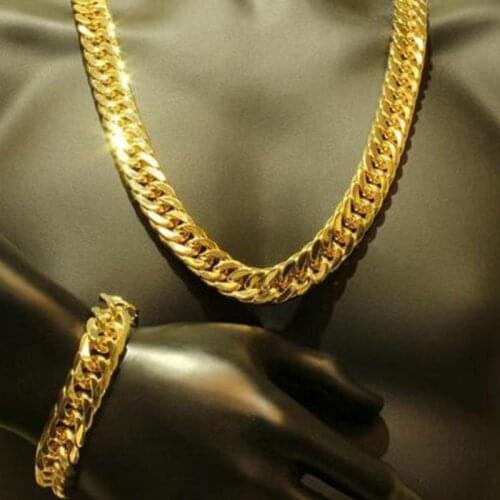 12MM Men Womens Dubai Jewelry Sets Gold Necklace Bracelet Set Hiphop Curb Cuban Thick Chain Wholesale Jewelry