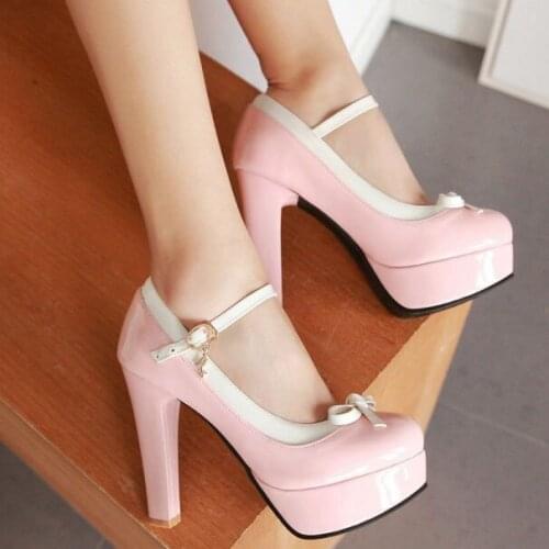 LIHUAMAO Mary Jane shoes for women high heel pumps platform Bow-tie knot ankle strap round toe wedding party cosplay ladies shoe
