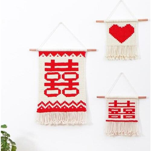 Macrame Wall Hanging Tapestry Cotton Handmade Chinese Style Wedding Celebration Blessing Art Crafts Home Bedroom Decoration