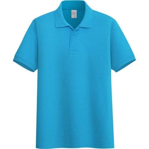 AOLIWEN men summer blue 65% cotton polo shirt button solid color short sleeve casual soft wrinkle resistant tight fit polo shirt