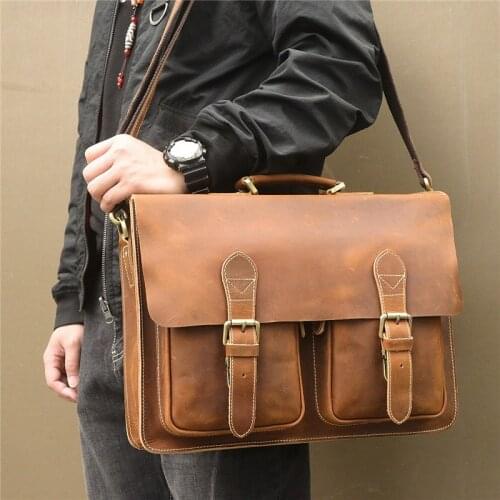 Nesitu Vintage Brown Thick Crazy Horse Genuine Leather Office Men Briefcase Portfolio 14'' Laptop Men Messenger Bag M7105