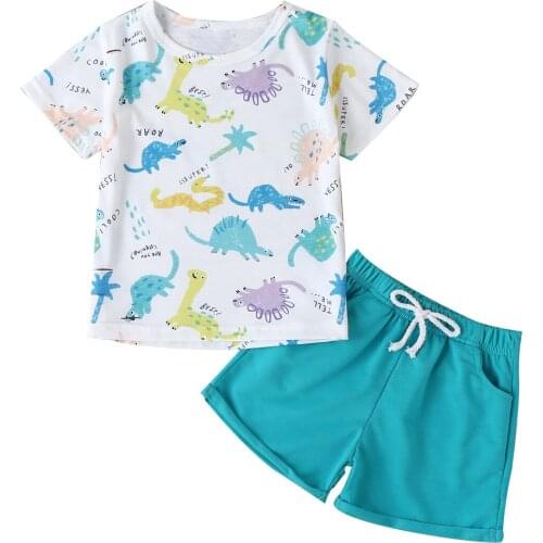 1-5Y Summer Infant Baby Boys Clothes Sets Animal Print Short Sleeve T Shirts Tops+Blue Shorts 2pcs Outfit