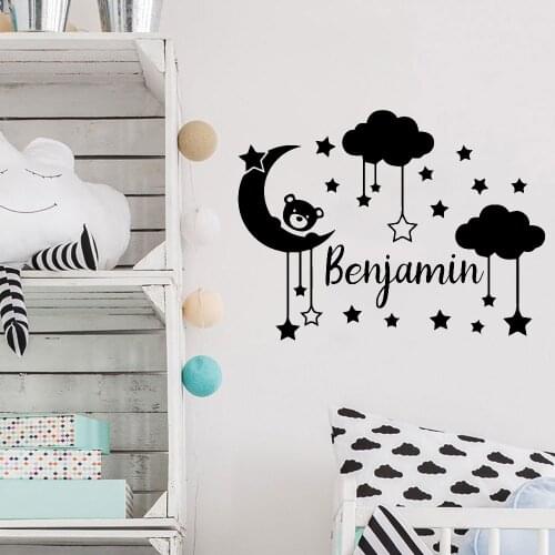 Personalized Wall Decals Custom Name Moon Clouds Stars With A Lovely Bear Decor Nursery Children Bedroom Vinyl Wall Sticker Y452