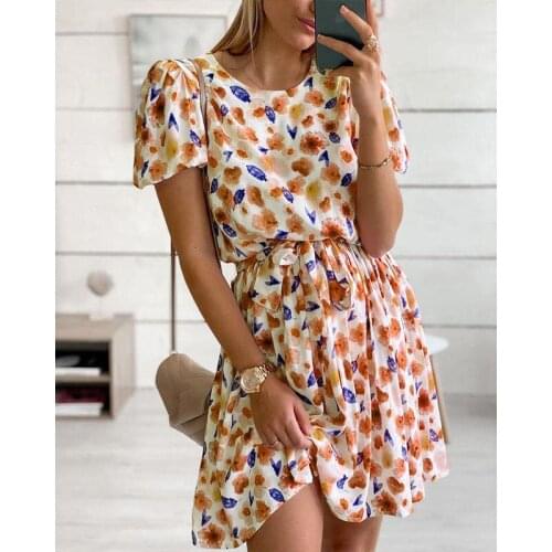 Women Dress Flower Print Lace Up O Neck Pullover Bohemia Short Sleeve Ladies Dress New Summer Fashion Casual Female Clothing