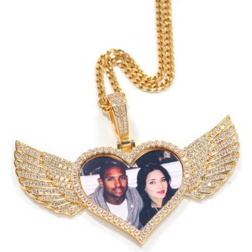 Heart Custom Photo Pendant Solid Back With Wings Memory Picture Necklace Micro Pave Charm Men Women Hip Hop Rock Jewelry