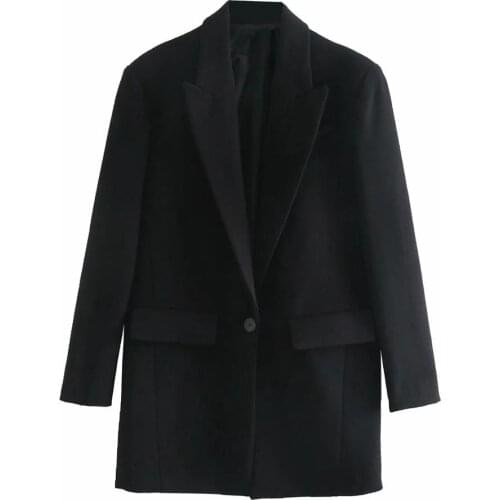 XNWMNZ Za women extra long blazer lapel collar long sleeve shoulder pads false welt pocket Back vent hem button Oversize blazer