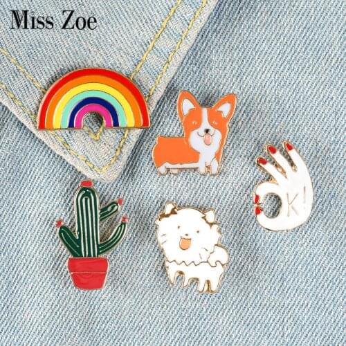 Funny Corgi Rainbow Enamel Pins Cartoon Dogs Brooches Cactus OK Gesture Clothes Lapel Pin Custom Badges Bag Gift for Kids Girl
