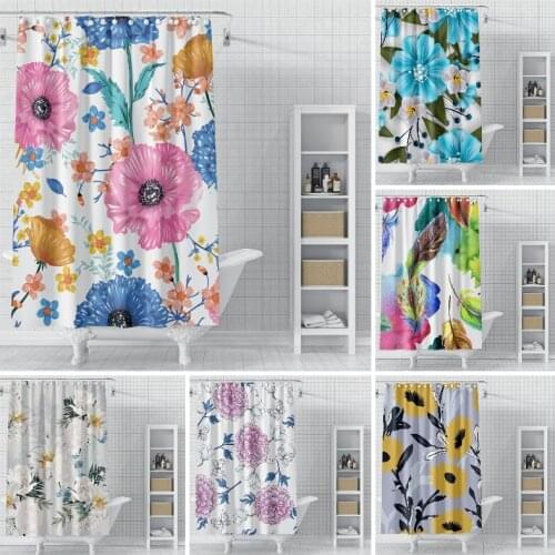 Watercolor Flower Shower Curtain Flora Leaves Printed Moistureproof Polyester Decor Curtain With Hook Bathroom Accessories