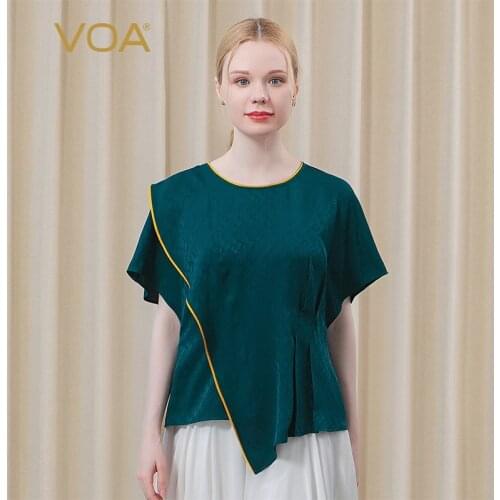 VOA Silk Jacquard Round Neck Short Sleeve Tops Open Thread Edging Three-dimensional Loose-leaf Asymmetric T-shirt Women BE589