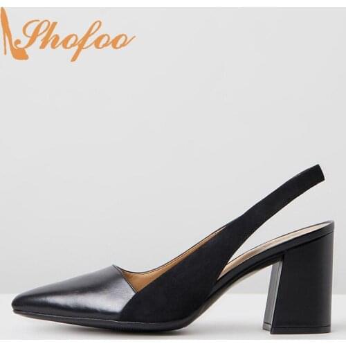 Shofoo 2021 Nude Black Ladies Office Slingbacks Shoes Pumps Woman Heels Elastic Band Pointed Toe Large Size 11 15 16 Fashion