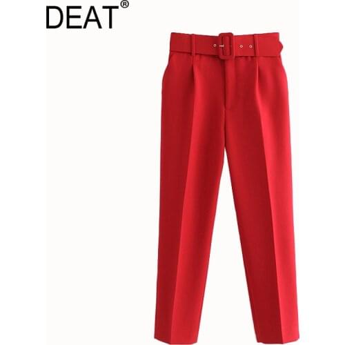 [DEAT] 2021 Spring Autumn New Fashion Tide High Waist Solid Color Sashes Loose Womens Simple Style Straight Leg Pants 13C017