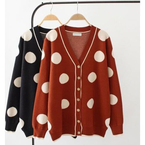 2021 Autumn Women Cardigans Casual Loose Knit Sweater Single-breasted V-Neck Dot Cardigans Plus Size Women Femme Tops Streetwear