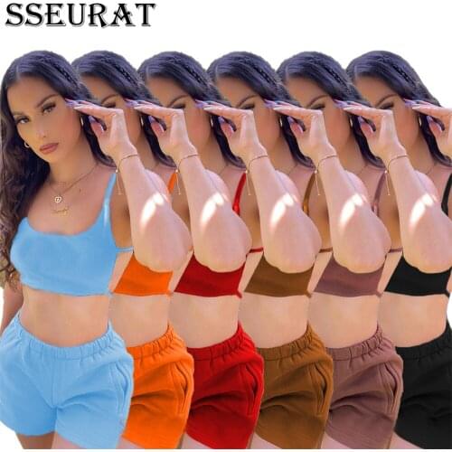 SSEURAT Women Set Solid Sleeveless Strap Hollow Out Crop Tops Pockets Shorts Two 2 Piece Sets Active Tracksuit Outfits Summer