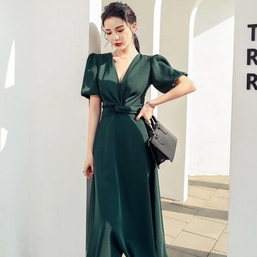 Solid Chiffion Vintage Elegant V-Neck Dress Party Bow Womens Robe Casual Workwear Office Lady S-XL Female Summer Chic Vestidos