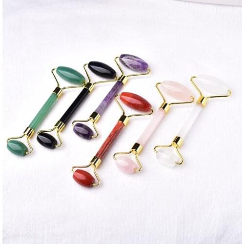 1PC Natural Facial Double-Roller Massage Tool Rose Quartz Healing Raw Crystals Massager for Unisex Face Wrinkles Anti Aging Gift