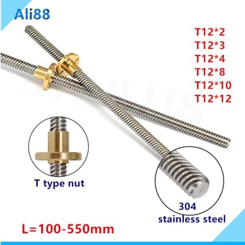 1pcs T12 lead screw 100 150 200 250 300 350 400 450mm Pitch 2 3 4 8 10 12 304 stainless steel Trapezoidal screw with brass nut