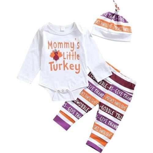 2021 New Little Turkey Newborn Baby Boy Girl Long Sleeve Cotton Bodysuit Tops Print Long Pant Hat Thanksgiving Clothes Set 3PCS