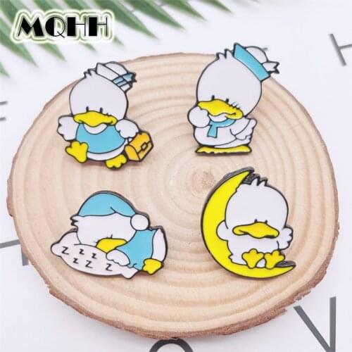 Cartoon Cute Animal Duck Enamel Pins Moon Duck Shopping Sleeping Alloy Brooch Fun Badge Clothes Accessories Cute Woman Jewelry