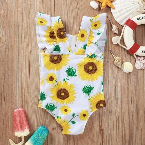Baby Girl Swimsuit Sunflower Print Toddler Swimsuit Girls Print Flying Sleeve Swimsuit One-piece Swimsuit Beach Swimsuit Set