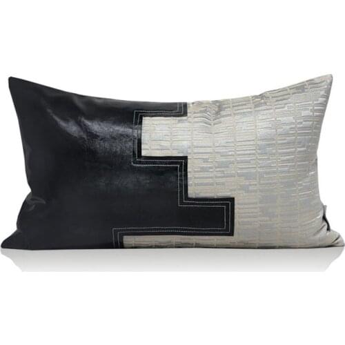 LAN JINGZE Black White PU Leather Patchwork Cushion Cover Home Decor Waist Pillows Sofa Living Room Cushions 30x50cm
