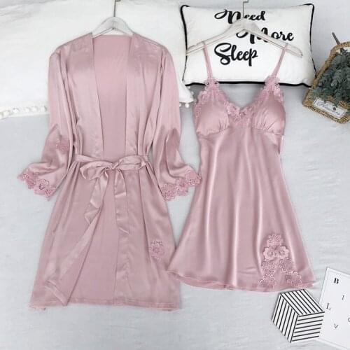 Summer Women Kimono Robe Gown Suit Pink Rayon Sleepwear Sexy V-Neck Backless Nightdress Set Sweet Lace Flower Trim Bathrobe