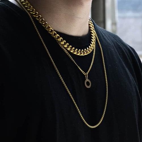 Multi Layered Circle Charm Pendant Choker Necklace for Men Women Gold Color Stainless Steel Curb Cuban Box Link Chain TSS011
