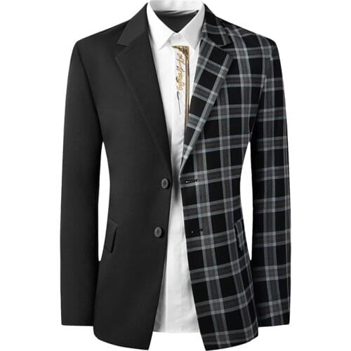 Men Casual Blazers Spring Autumn Splicing Black Gray Plaid Contrast Color Fashion Suit Jacket Loose Fit Single Breasted 2 Button