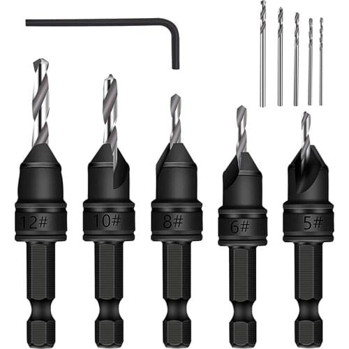 5-Piece Set Of 3/8-Inch Quick-Change 82° Chamfer Adjustable Drill Bits,HSS Wood Drill Bits Sink Hole Drilling Tool Kit