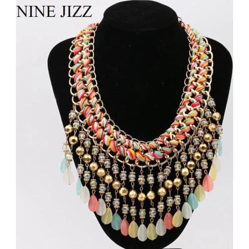 NINEJIZZ Tassel Crystal Necklaces Vintage Bohemian Big Statement Beads Necklaces Chain For Women Simple Style Wedding Jewelry