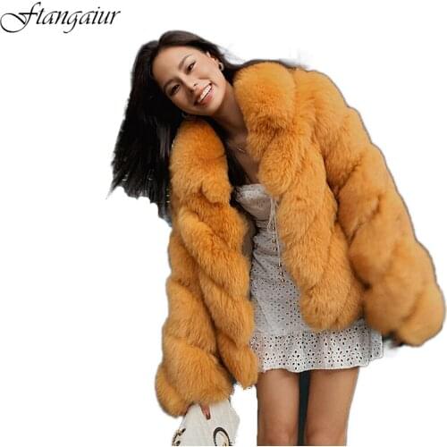 Ftangaiur Winter Winter Import Fox Fur Coat For Female Long Sleeve Natural Fox Coat V-Neck Striped Womens Short Fox Fur Coats