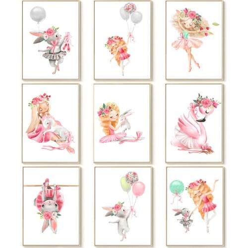 Nordic Cartoon Girl Swan Frameless Childrens Room Kindergarten Decorative Painting Modern Art Canvas Painting Wall Art Canvas