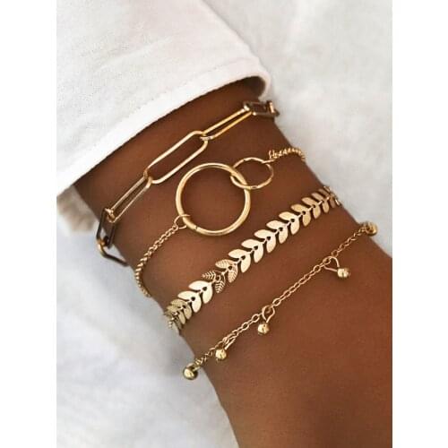 Stillgirl 4Pcs Wheat Ears Geometric Bracelet for Women Metal Gold Color Charms Trendy Link Kpop Chain Teen Gift Fashion Jewelry