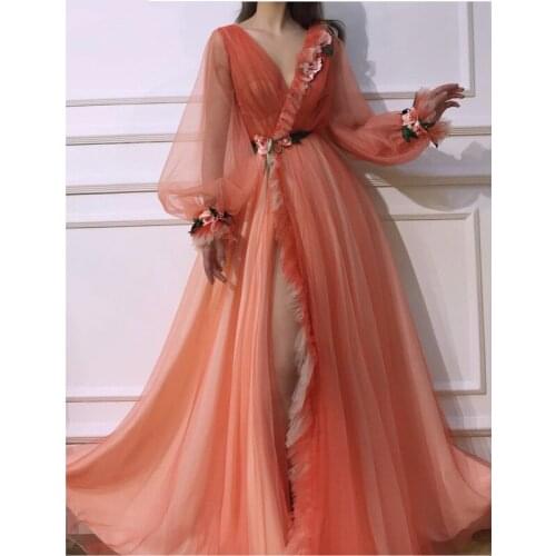 Coral Evening Dresses Sexy V-Neck A-Line Tulle High Slit Appliques Flowers Dubai Long Sleeve Prom Dress for Party Graduation