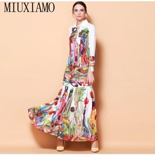 MIUXIMAO 2021 Spring Newest Fashion Runway Turn Down Collar Maxi Dress Womens Long Sleeve Retro Art Printed Designer Long Dress