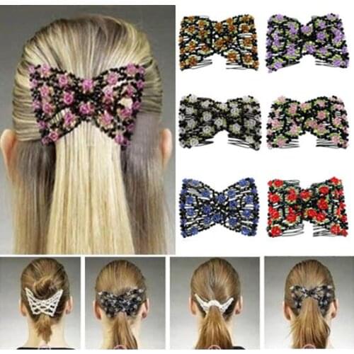 Womens Chic Stretch Rose Flower Bow Beaded Hair Comb Cuff Double Insert Clips Hairgrip headwear For Girls