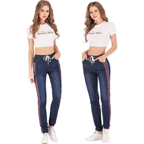 Women Mid Waist Jeans Fashion Side Stripe Lace Up Elastic Waist Skinny Jeans Woman Casual Tight Denim Pencil Pants