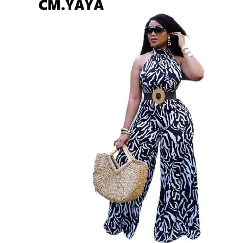 CM.YAYA Women Jumpsuit Striped Sleeveless Hollow Out Empire Loose Long Jumpsuits One Piece Overalls Summer Outfit Without Sashes