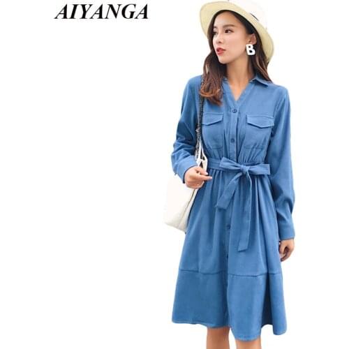 2018 Autumn Dress For Women Long Sleeve Dress With Sashes V Neck Loose Casual A-line Dresses Medium Long Style Blue Black