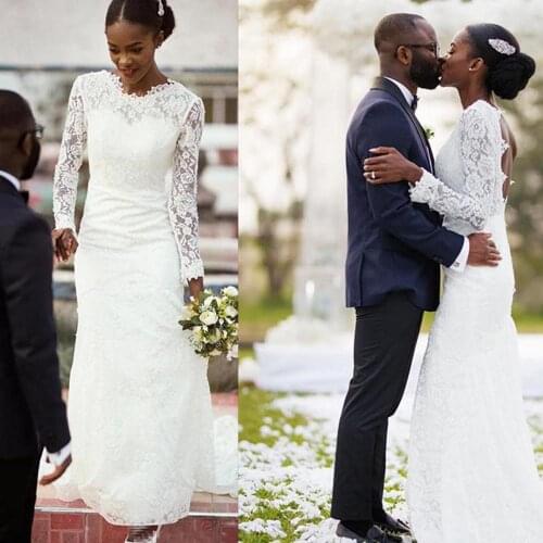 New Elegant Full of Mermaid Long Sleeves Sweeping Train Arab Wedding Gown Bridal Dresses