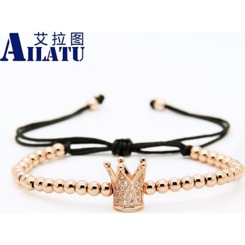 Ailatu High Grade 4mm Color Retention Plated Brass Beads Crown Braided Charm Men Bracelet Women Jewelry Pulseira Hombres